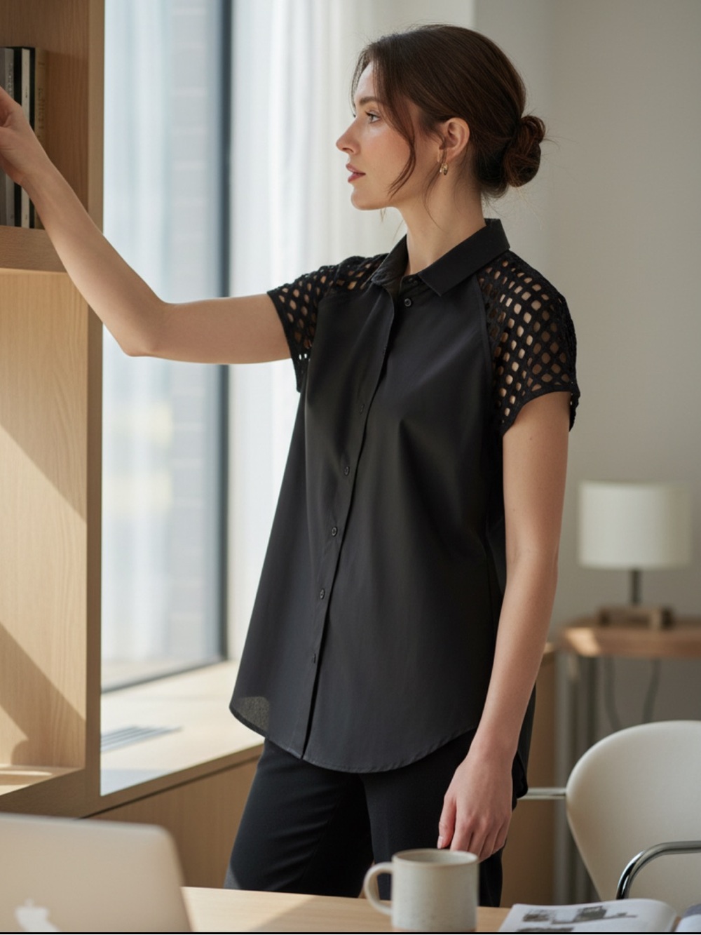 Carven Black Button-Front Top with Lattice Sleeves Size 4